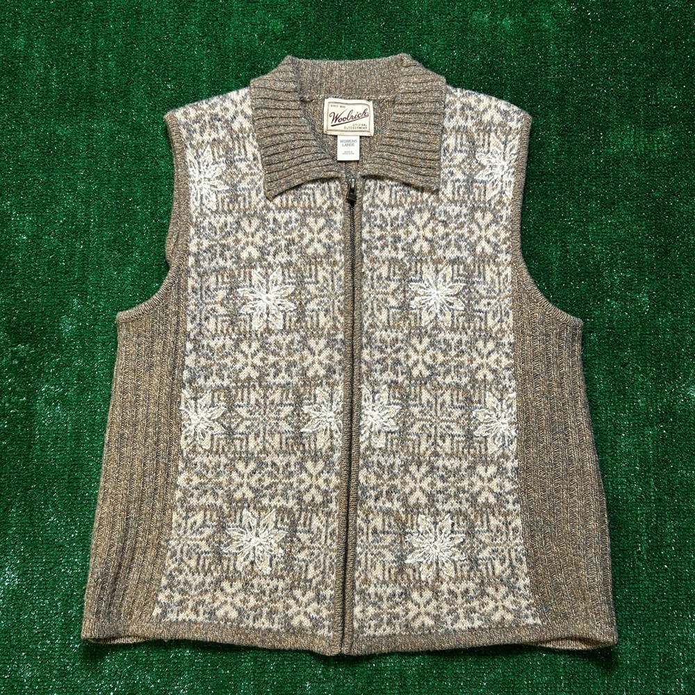 Vintage Woolrich Sweater Vest Snowflake Fair Isle Full Zip Wool Camel Brown L